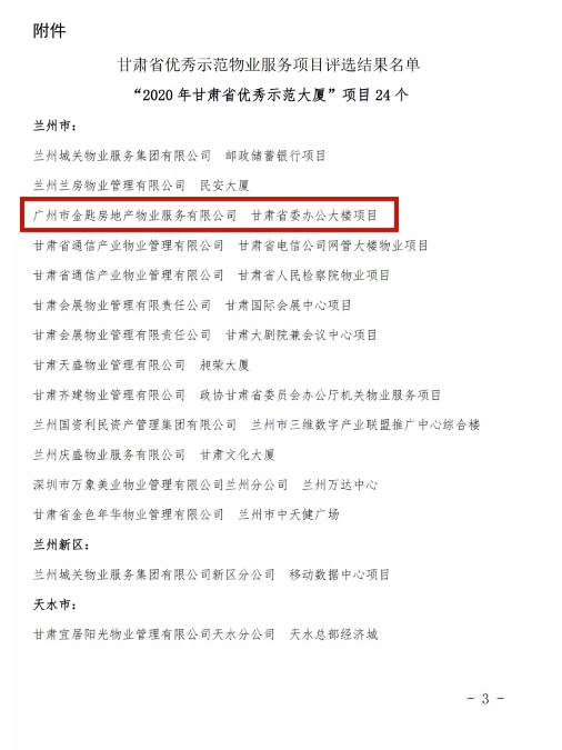 金匙物业项目喜获“甘肃省优秀示范大厦”称号